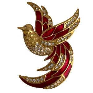 Giorgio Vintage Gold-Tone/Rhinestone/Red Enamel Bird of Paradise Brooch